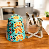 Hand Painted 3 Tier Steel Tiffin Box - Sky Blue